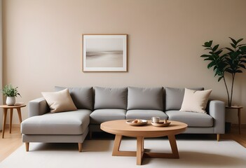 modern living room, Stylish room with comfy furniture and plant by beige wall