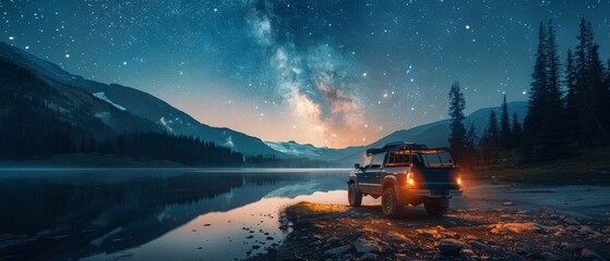 A car is parked by a lake at night