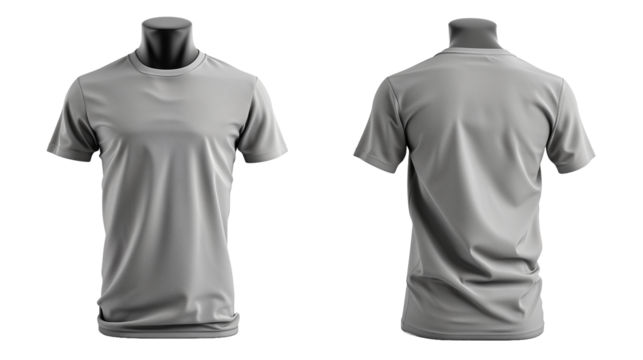 Gray mannequin heads wearing blank gray T-shirts, positioned in a triangular formation, facing each other on invisible mannequins.