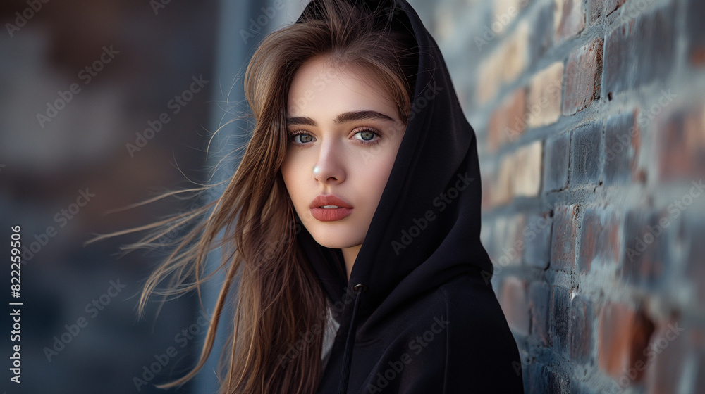 Wall mural an attractive young woman wearing a black hoodie on a urban background