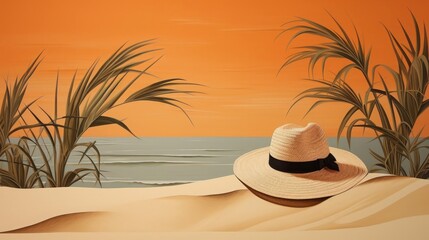 A serene scene featuring a widebrimmed hat and retro sunglasses on rolling sand dunes, with a palm leaf adding a tropical touch, set against an orange backdrop The image reflects the tranquility and e