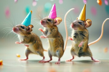 Three vibrant mice in colorful party hats dancing joyfully in a circle.