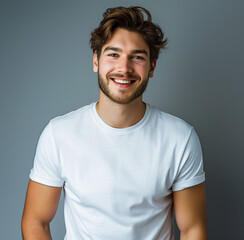 Fototapeta premium Smiling guy in white t-shirt mockup