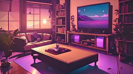 stream starting soon screen, overlay loop animation, virtual backgrounds, cozy lo-fi living room. vtuber asset twitch zoom OBS, live wallpaper. anime chill hip hop. Cyan purple colours manga style