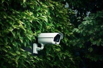 A sophisticated security camera installed outdoors with a leafy background, representing the integration of modern surveillance technology in everyday settings The scene underscores the importance of