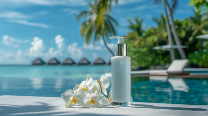 Fototapeta premium A premium bottle with perfume or body lotion, with the backdrop of luxury beach resort in the background.
