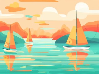 Naklejka premium Illustration of sailboats on calm water at sunset with mountains in the background, showcasing a serene and colorful seascape.