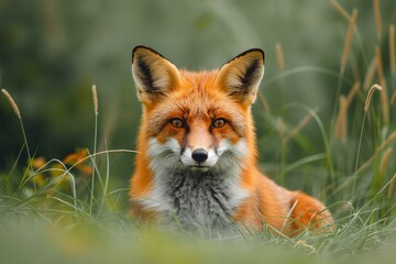 Fototapeta premium Portrait of wonderful wild red fox in the long green grass