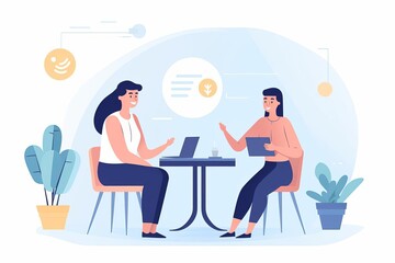 Illustration of two women in a casual meeting setting, discussing work over a laptop and tablet in a modern office environment.