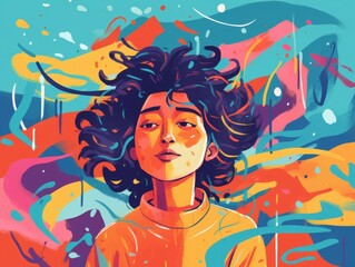 Naklejka premium Vibrant abstract illustration of a thoughtful person with curly hair, surrounded by colorful swirling patterns and shapes.