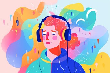 Vibrant abstract illustration of a person with headphones, immersed in colorful waves of sound and music. Perfect for creative projects and designs.