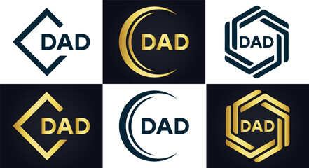 DAD logo. D A D design. White DAD letter. DAD, D A D letter logo design. D A D letter logo design in FIVE, FOUR, THREE, style. letter logo set in one artboard. D A D letter logo vector design.	
