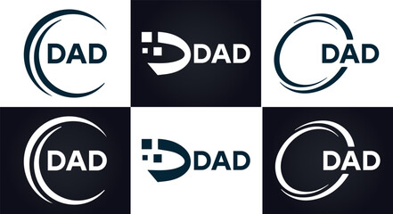 DAD logo. D A D design. White DAD letter. DAD, D A D letter logo design. D A D letter logo design in FIVE, FOUR, THREE, style. letter logo set in one artboard. D A D letter logo vector design.	
