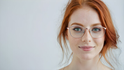 Fototapeta premium white background, copy space. a woman wearing glasses with a red hair and a blue eyeshadow