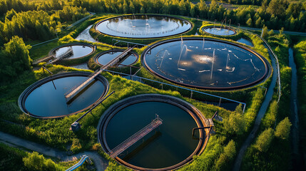 Industrial aeration tanks with rusted structures in a water treatment facility, showcasing the purification process.