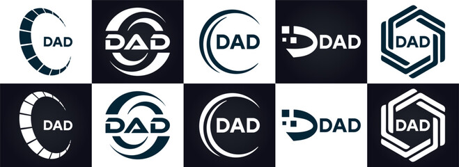 DAD logo. D A D design. White DAD letter. DAD, D A D letter logo design. D A D letter logo design in FIVE, FOUR, THREE, style. letter logo set in one artboard. D A D letter logo vector design.	
