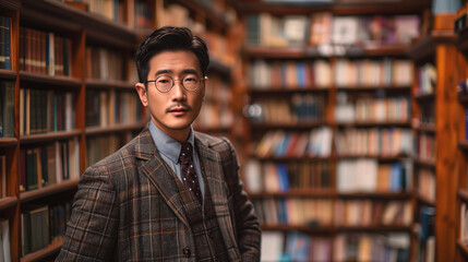 Fototapeta premium A sophisticated Chinese man stands confidently in a library, dressed in a plaid suit and glasses, exuding intelligence and refinement as he poses amongst shelves of books.