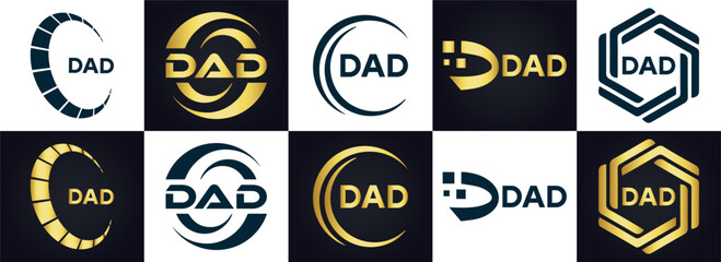 DAD logo. D A D design. White DAD letter. DAD, D A D letter logo design. D A D letter logo design in FIVE, FOUR, THREE, style. letter logo set in one artboard. D A D letter logo vector design.	
