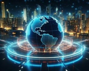 Digital globe with neon lights in a hightech environment close up, global connectivity, futuristic, Composite, Data center