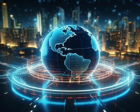 Digital globe with neon lights in a hightech environment close up, global connectivity, futuristic, Composite, Data center