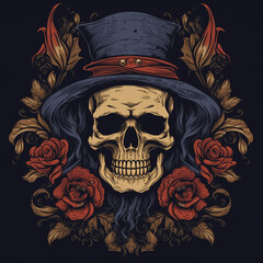 Skull with floral motifs, for clothing designs, backgrounds, wallpapers, black backgrounds