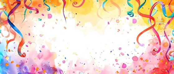 Vibrant Carnival Inspired Watercolor Background with Confetti Streamers and Metallic Accents for Copy Space