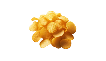 Several potato chips scattered in a random arrangement on a transparent background