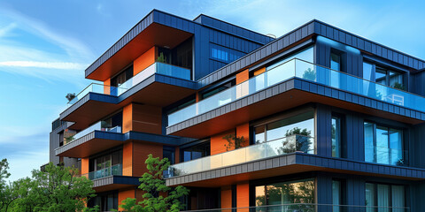 Obraz premium A luxurious residential building with expansive glass balconies, situated in a picturesque urban setting at dusk, offering modern living with stunning city views.