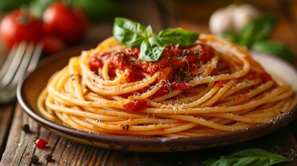 perfectly presented spaghetti with marinara sauce and fresh basil on the side, showcasing the art of pasta perfection