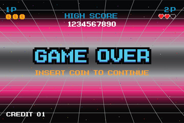 GAME OVER INSERT A COIN TO CONTINUE . Synthwave wireframe net illustration. pixel art .8 bit game. retro game. for game assets .Retro Futurism Sci-Fi Background. glowing neon grid. and stars.