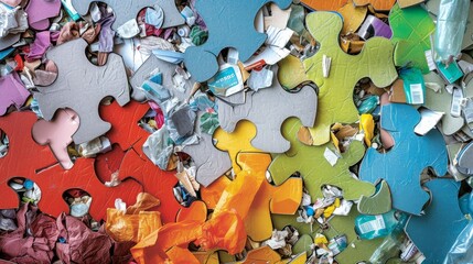 An intricate jigsaw puzzle with various pieces filled with garbage, depicted against a vibrant multicolored backdrop, symbolizing environmental challenges.