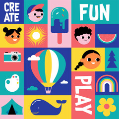 Kids Summer Camp concept design. Geometrical style colorful illustrations, icons. Banner, flyer, poster and social media template