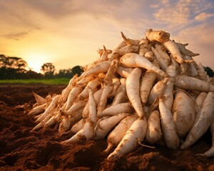 Pile of cassava tubers in a field at sunset focus on, harvest, vibrant, Overlay, Plantation