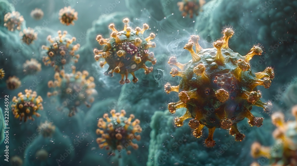 Aufkleber closeup view of microscopic virus particles causing global pandemic outbreak