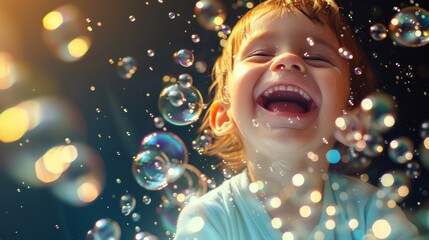 Close-up of a laughing toddler playing with soap bubbles, capturing a moment of pure joy and innocence
