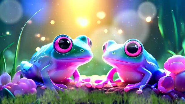 Animated two frogs playing gently on green grass at the edge of a pond, looping seamless time lapse animation