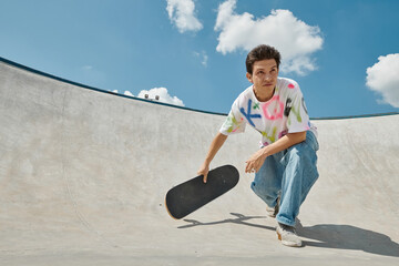 A young man exuding energy as he holds his skateboard in a vibrant skate park during a sunny summer...