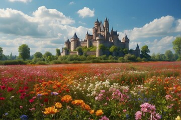 Flower Field with a Castle in the Background