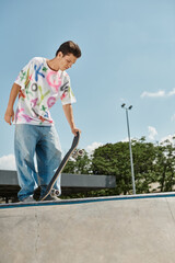 A young skater boy fearlessly rides his skateboard up the side of a ramp in a skate park on a sunny summer day.