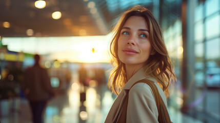 Portrait of a radiant young woman looking back with a hopeful expression in an airport terminal,...