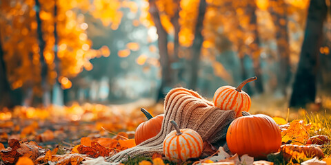 A cozy sweater and pumpkins in a fall Landscape. Autumn Ambiance and aesthetics. Can be used as background.