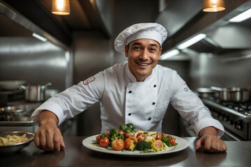 Man in a chef's hat holding a plate of food