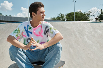 A young skater sitting on his skateboard at a vibrant skate park on a sunny day, fully immersed in...