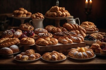 Wooden table covered with a variety of pastries