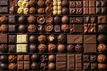 Wooden table covered with assorted chocolates