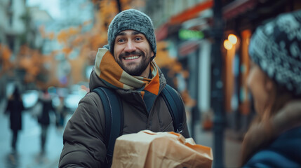 Fototapeta premium Someone performing random act of kindness helping stranger in need, offering warm smile. Captures compassion, generosity of love in action, spreading warmth, happiness.