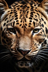 Obraz premium Close-up of a leopard's face on a black background