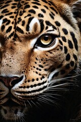 Close-up of a leopard's face on a black background