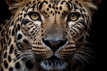 Close-up of a leopard's face on a black background