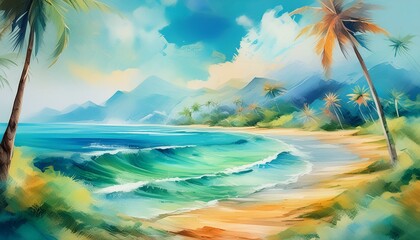 Illustration of a summery landscape of ride blue, vivid green, and beautiful sandy beach reminiscent of a tropical seaside. Watercolor paintings with a fantastic and gentle touch. Tropical palm trees 